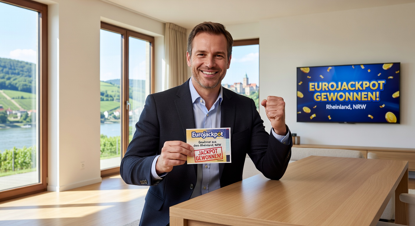 Eurojackpot-Ziehungsmaschine mit fallenden Kugeln in Rot und Gold, darstellend den Moment des großen Gewinns im Rheinland