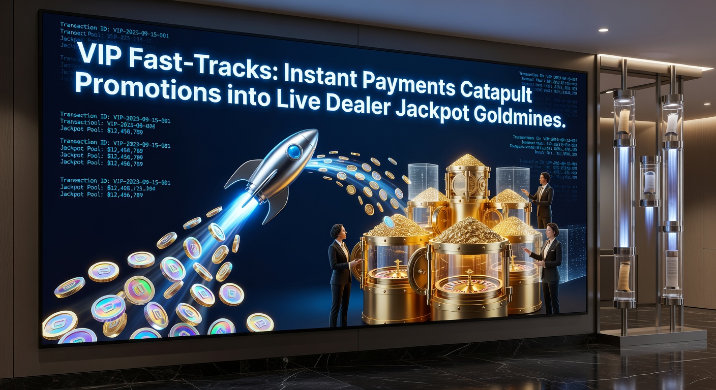 Grafik mit steigenden Jackpot-Kurven, VIP-Icons und Instant-Payment-Pfeilen in einer Live-Casino-Szene